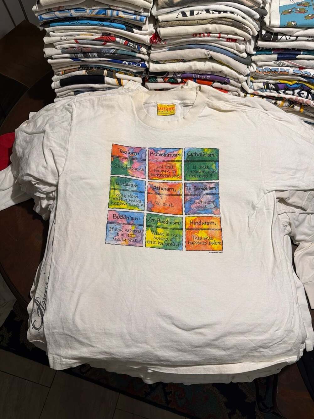 Vintage 90s Lake Street Shirts Shit Happens Religion Humor T-Shirt XL